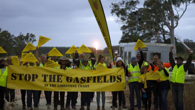 A protest group outside Beach Energy’s Haselgrove-3 conventional gas well site, near Penola. Picture: Limestone Coast Protection Alliance