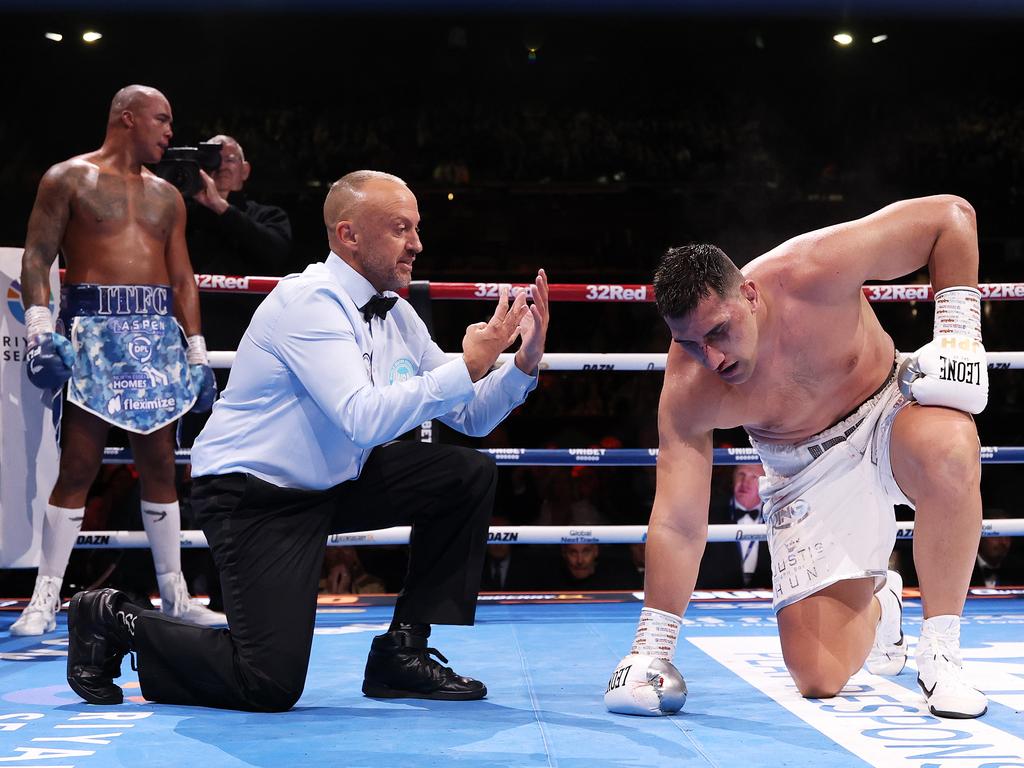 Justis Huni struggled back to his feet, but couldn't beat the count. Picture: Getty Images