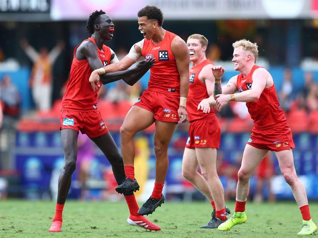 Debutant Leo Lombard celebrates his first AFL goal.