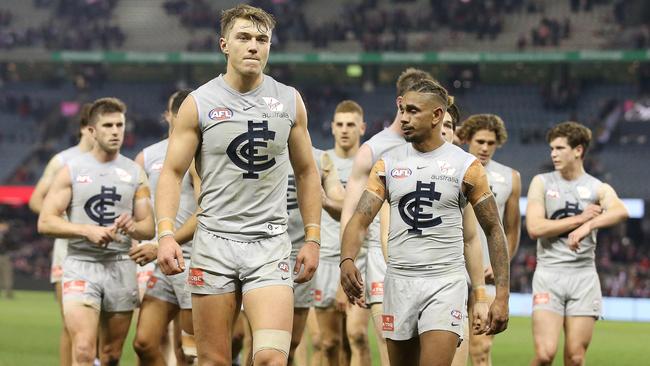 Patrick Cripps leads the Blues off the ground after last week’s loss to St Kilda. Picture: Michael Klein