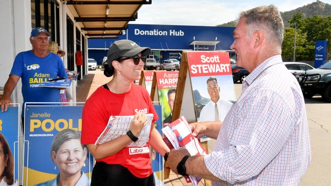 Tyler Stewart supporting her dad Townsville MP Scott Stewart at the West End pre-polling centre. Picture: Evan Morgan