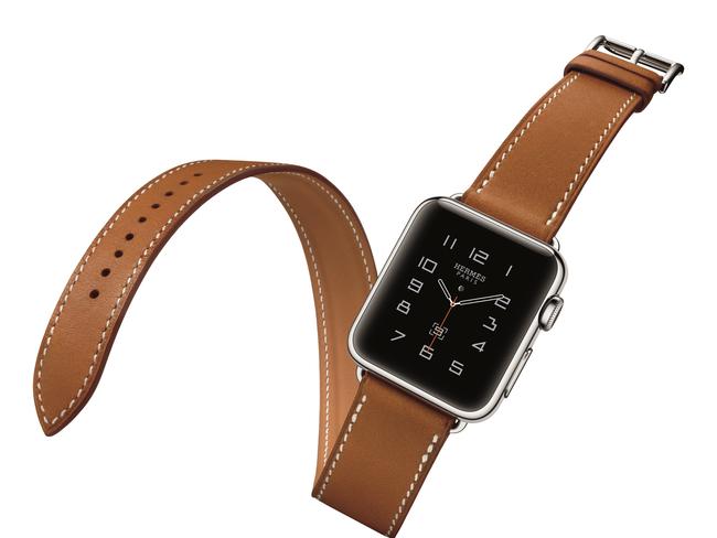 An Apple Watch with a leather Hermes band.