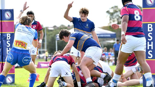 Churchie players celebrate a try GPS First XV rugby between Churchie and Brisbane State High School. Saturday September 10, 2022. Picture, John Gass