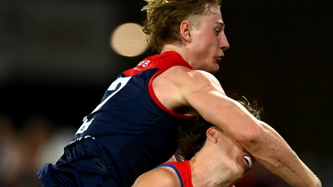 He then made contact with Ballard’s head after attempting the spoil. (Photo by Albert Perez/AFL Photos via Getty Images)