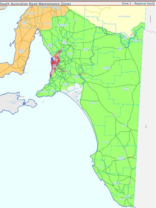 Fulton Hogan has been contracted to maintain 5800 km of South Australian roads (pictured in green), covering the Regional South, zone 2 area. Picture: Department of Infrastructure and Transport