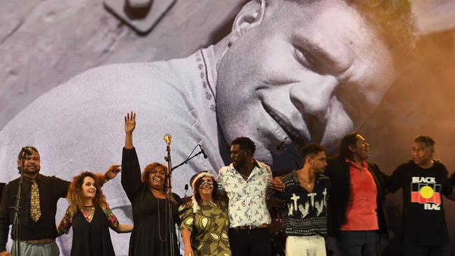 Emma Donovan and fellow First Nations' artists pay tribute to the passing of Uncle Archie Roach at the 2022 National Indigenous Music Awards. Picture: (A)manda Parkinson