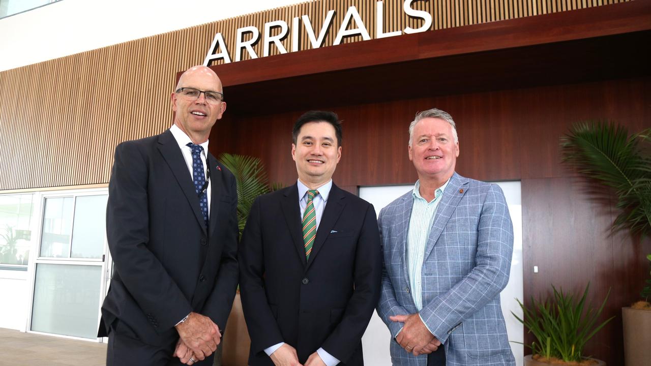 Cairns Airport chief executive Richard Barker with Cathay Pacific regional manager of the southwest Pacific region Frosti Lau and Tourism Minister Michael Healy at the announcement of the airlines return to Cairns. Picture: Peter Carruthers