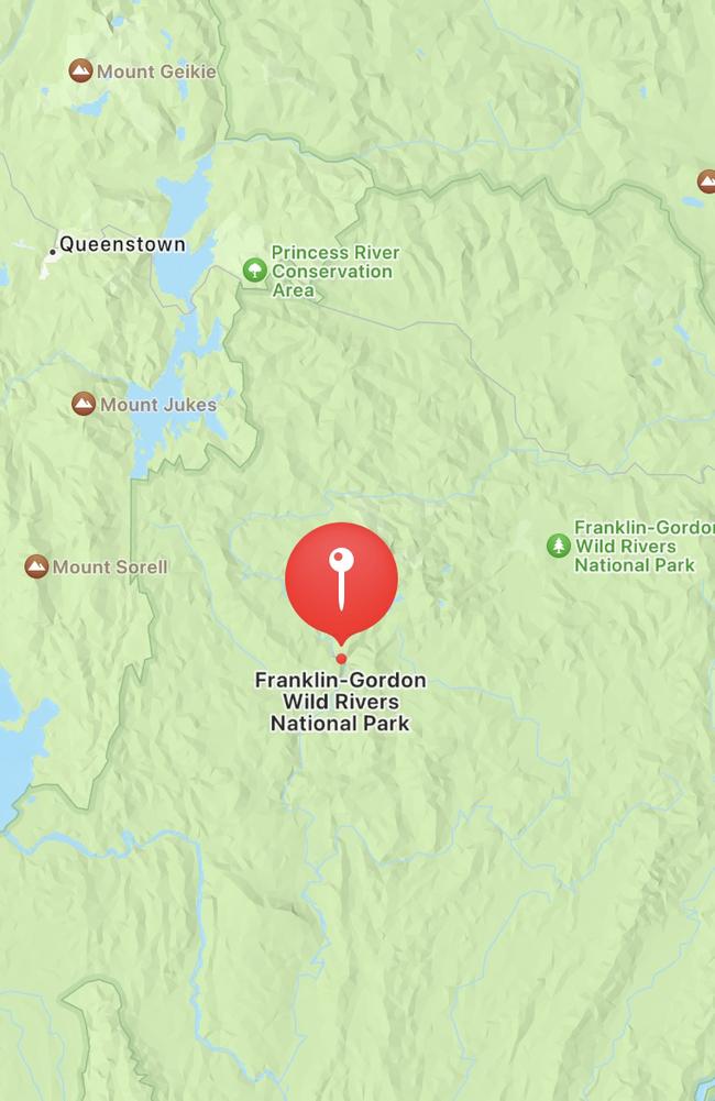 Map showing the area on the Franklin River where a man in his 60's became trapped and had to have his leg amputated. Picture: supplied by Tasmania Police