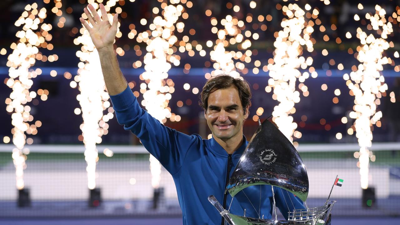 Roger Federer after winning his 100th career title after taking out the Dubai Championship.