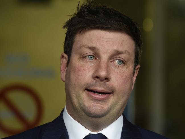 Tim Smith speaks to the media at Parliament House in Melbourne after he crashed his car last weekend while drink driving. Picture: Andrew Henshaw