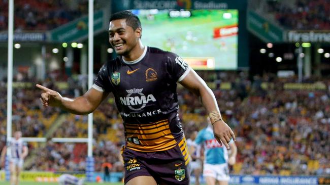 Anthony Milford celebrates one of his tries against the Knights. Picture: Darren England