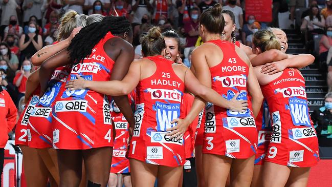 The NSW Swifts come together after claiming the 2021 Super Netball Grand Final last weekend. Picture: Getty Images