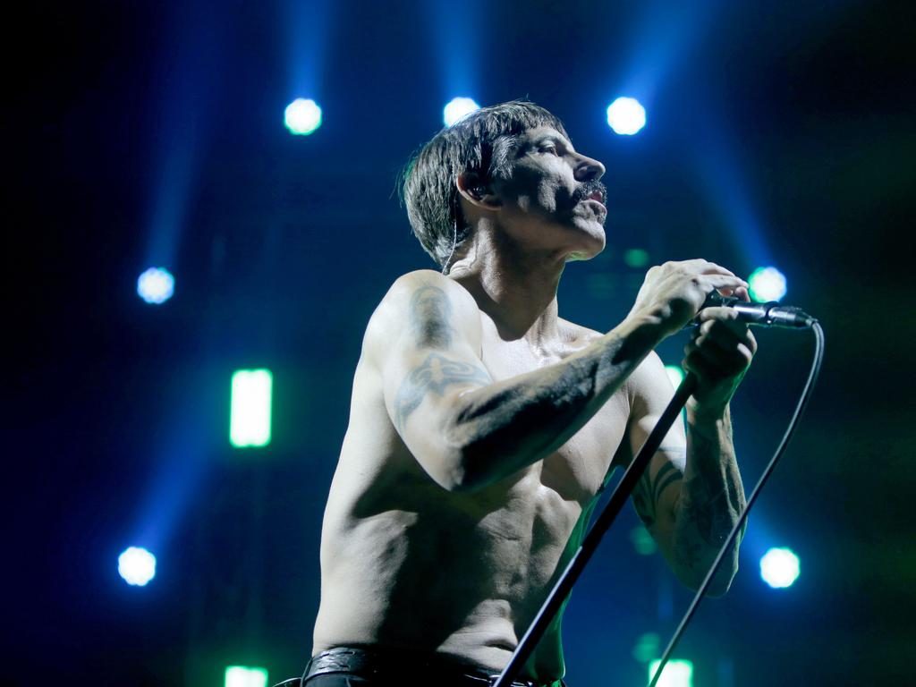 Red Hot Chili Peppers front man Anthony Kiedis performs at the Derwent Entertainment Centre in Hobart. Picture: PATRICK GEE