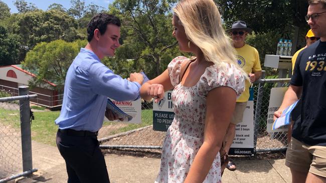 Bonney MP Sam O'Connor social distancing at a polling booth on the Gold Coast.