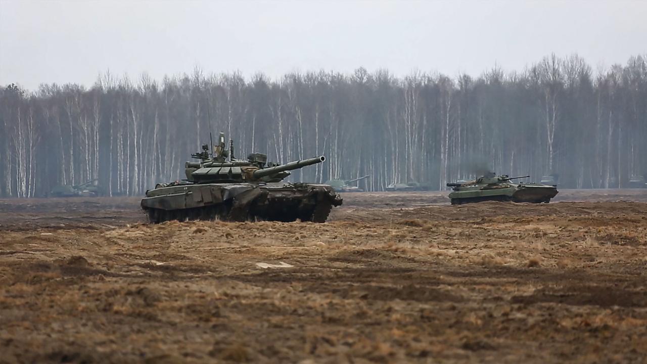 Tanks during joint exercises of the armed forces of Russia and Belarus as part of an inspection of the Union State's Response Force, at a firing range in Belarus. Picture: Handout/Russian Defence Ministry/AFP