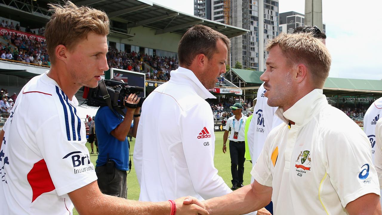 PERTH, AUSTRALIA - DECEMBER 17: David Warner of Australia shakes hands with Joe Root of England during day five of the Third Ashes Test Match between Australia and England at WACA on December 17, 2013 in Perth, Australia. (Photo by Ryan Pierse/Getty Images)