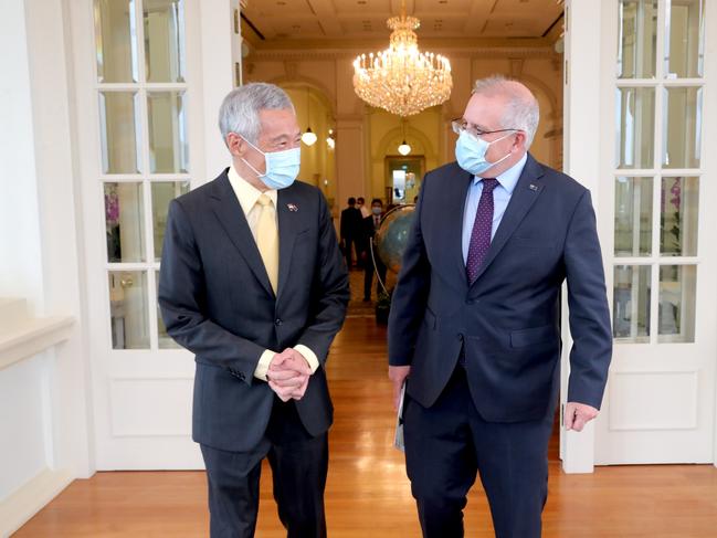 Prime Minister Scott Morrison arrives in Singapore for a one on one meeting with Singapore Prime Minister Lee Hsien Loong on the way over to the G7 in Cornwall, United Kingdom. Picture: Adam Taylor/PMO