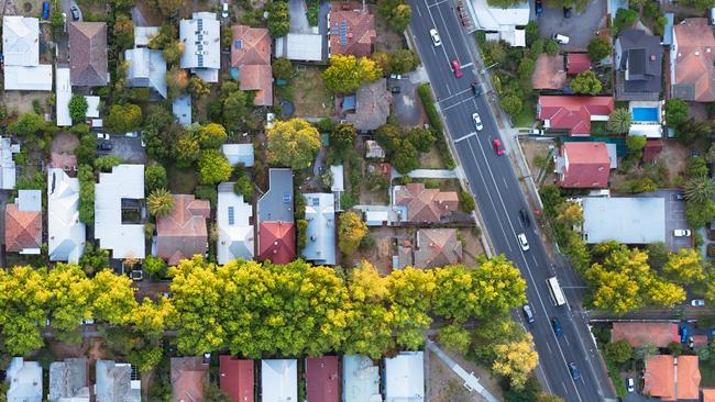 A view from directly above a residential suburb of Melbourn, in Victoria State, Australia.