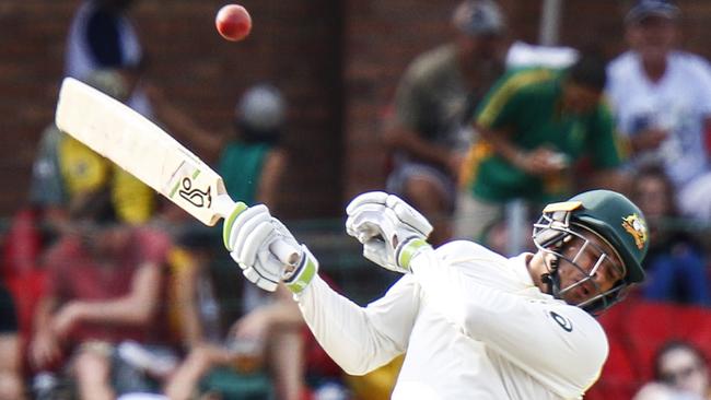 Australia's Usman Khawaja at the wicket on the third day of the second cricket test between South Africa and Australia at St. George's Park in Port Elizabeth, South Africa, Sunday, March 11, 2018. (AP Photo/Michael Sheehan)