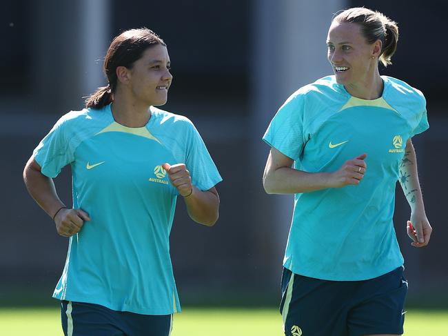 BRISBANE, AUSTRALIA - AUGUST 11: Sam Kerr and Emily van Egmond during an Australia Matildas training session during the the FIFA Women's World Cup Australia & New Zealand 2023 at Perry Park on August 11, 2023 in Brisbane, Australia. (Photo by Chris Hyde/Getty Images)