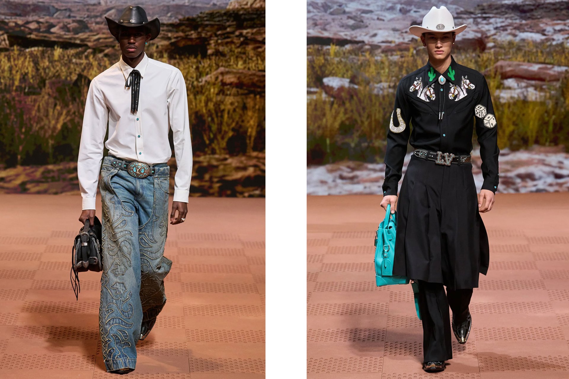 <p><em>Louis Vuitton autumn/winter &rsquo;24/&rsquo;25 menswear. Image credits: GoRunway.com</em></p><p>Perhaps the most obvious example in support of the cowboy trend is Louis Vuitton's autumn/winter &rsquo;24/&rsquo;25 menswear show. A<span>t the Jardin d&rsquo;Acclimatation in Paris, men's creative director Pharrell Williams themed the entire show around cowboy and western motifs, with the intention to expand representation around cowboy imagery which has historically leaned heavily on exclusively white references.&nbsp;</span></p>