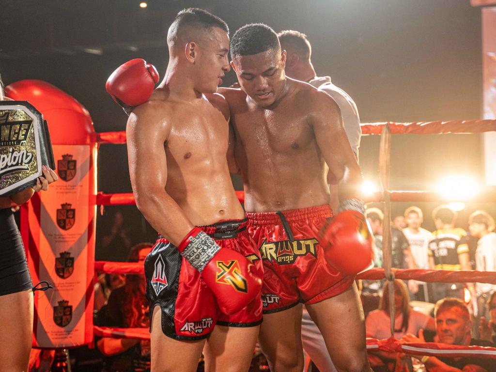 Fight World mates Brandon Baresic and Albert Tu'ua after they won the Tag Team event at Dreamworld on Friday December 15. Picture: Supplied