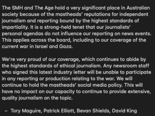 The Sydney Morning Herald’s executive editor has posted a message to staff on behalf of the papers’ leadership in regards to a recent petition concerning the Gaza crisis.