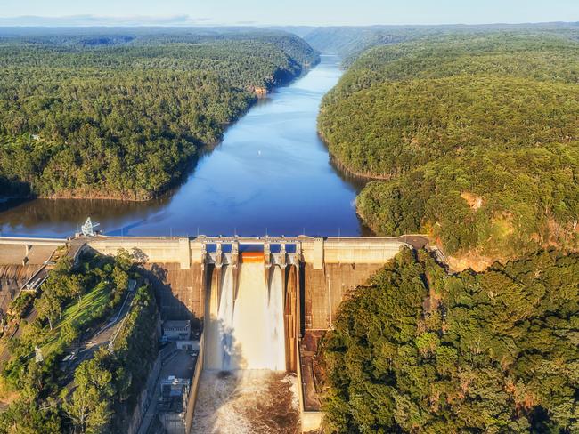 Spilling overflowing Warragamba dam in Greater Sydney Blue Mountains of Australia after strong torrential rains.