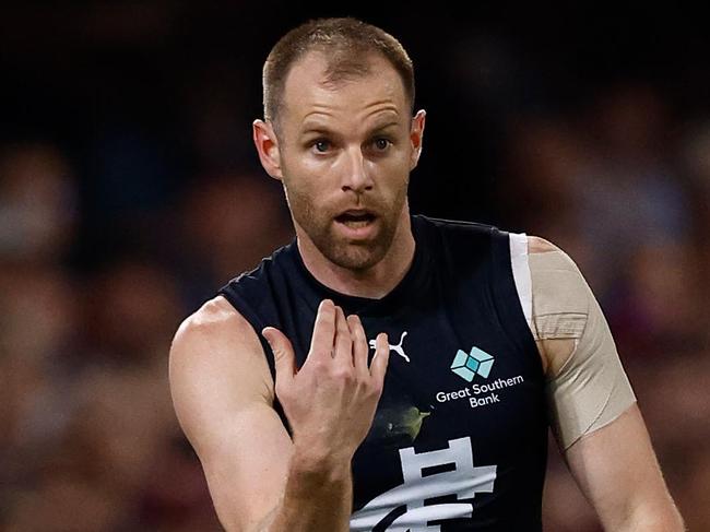 BRISBANE, AUSTRALIA - SEPTEMBER 07: Sam Docherty of the Blues in action during the 2024 AFL First Elimination Final match between the Brisbane Lions and the Carlton Blues at The Gabba on September 07, 2024 in Brisbane, Australia. (Photo by Michael Willson/AFL Photos via Getty Images)