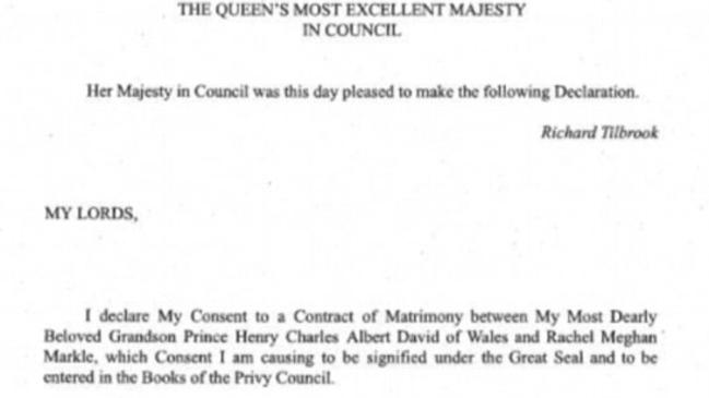 Queen Elizabeth II’s letter to Privy Council approving Prince Harry's wedding. Picture: Supplied