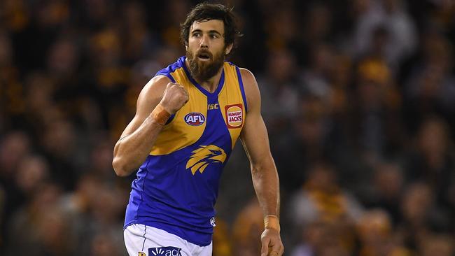 Josh Kennedy celebrates a goal against Hawthorn.