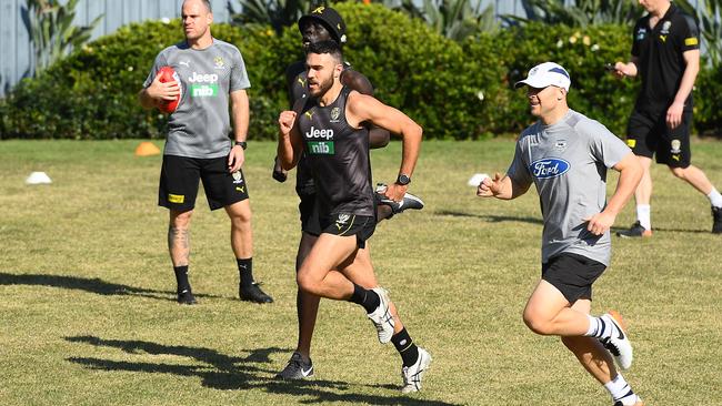 Shane Edwards and Gary Ablett train together during their period in the AFL quarantine hub at the Mercure on the Gold Coast. Picture: Quinn Rooney/Getty Images