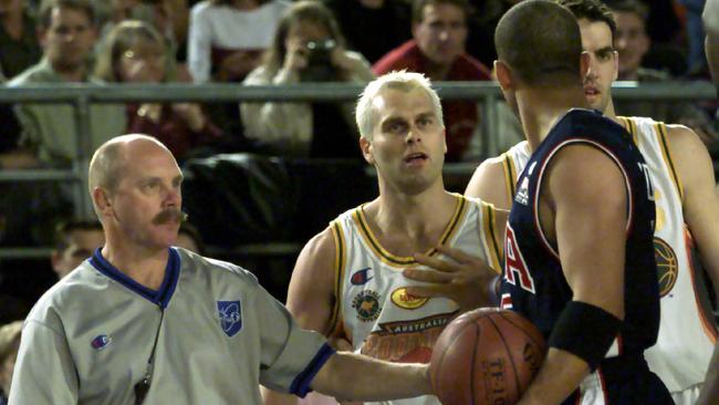 Shane Heal of the Boomers in a clash with the USA’s Dream Team players in 2000.