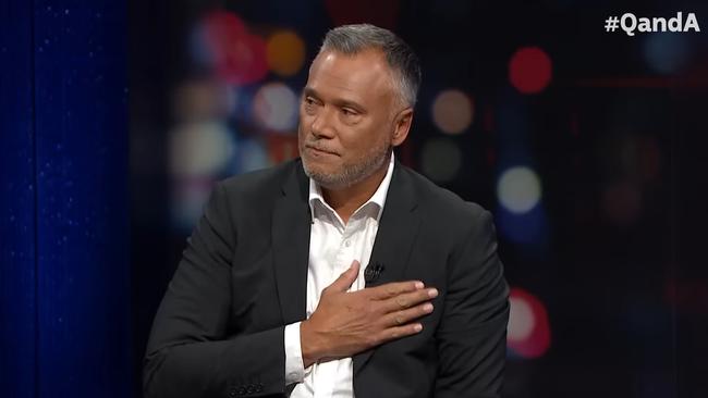 Journalist Stan Grant bids an emotional farewell on his final show as host of ABC’s Q+A on May 22, before taking indefinite leave. Picture: Courtesy ABC TV