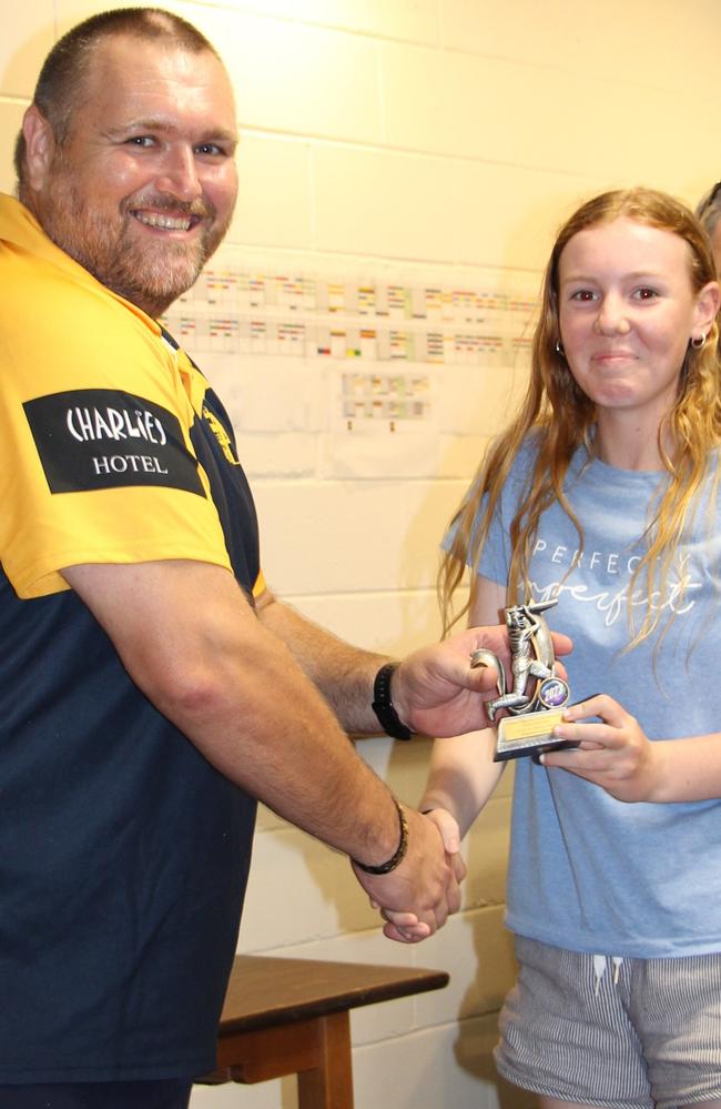 Wayde Goatham Congratulates Under 12 Batting Average Winner Marraya Buckley. Picture: Supplied