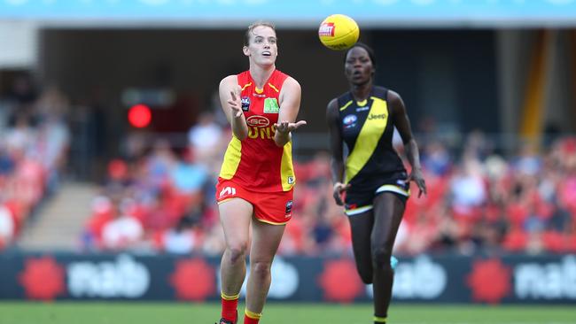 GOLD COAST, AUSTRALIA - FEBRUARY 15: Brittany Perry of the Suns marks during the round 2 AFLW match between the Gold Coast Suns and the Richmond Tigers at Metricon Stadium on February 15, 2020 in Gold Coast, Australia. (Photo by Chris Hyde/AFL Photos/Getty Images)