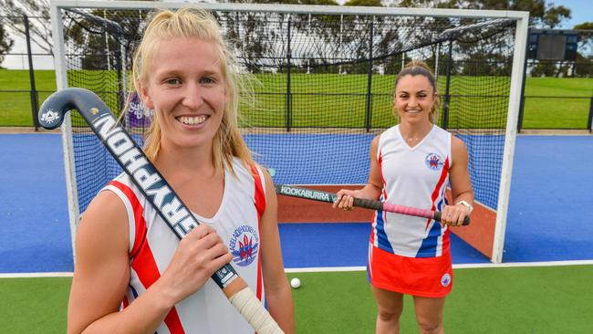 Adelaide Hockey Club stars and Olympic hopefuls Hattie Shand (left) and Miki Spano ahead of the women’s SA Premier League grand final. Picture: Brenton Edwards