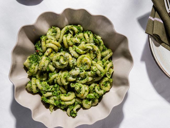 EMBARGO FOR TWAM 27 JULY 2024. FEE MAY APPLY. , ,  Broccoli pesto pasta by Elizabeth Hewson. Photo: Nikki ToProp credit: Marmoset Found ruffle bowl, Kip and Co napkins