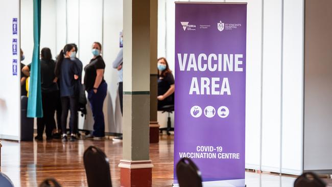 Phase 1B COVID-19 vaccination rollout begins inside mass COVID jab hub at historic Royal Exhibition Building. Picture: Jason Edwards