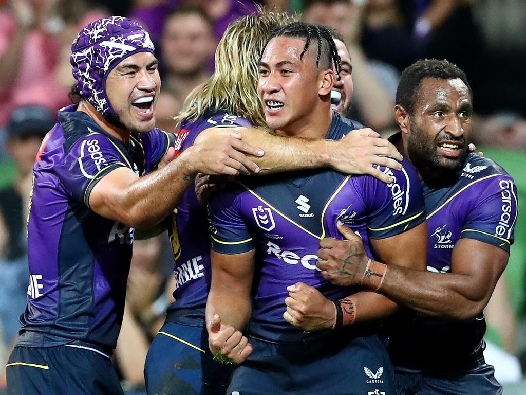 (L-R) Jahrome Hughes, Ryan Papenhuyzen, Dean Ieremia, Kenny Bromwich and Justin Olam form just part of the rich diversity of the Melbourne Storm. Picture: Kelly Defina/Getty Images
