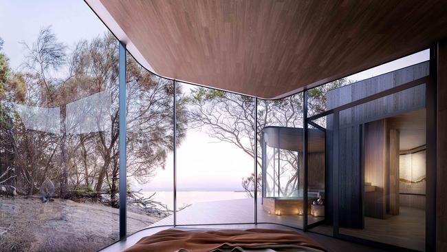 One of the new waterfront pods at Freycinet. IMAGE: Design by Liminal Architecture and render by Floodslicer