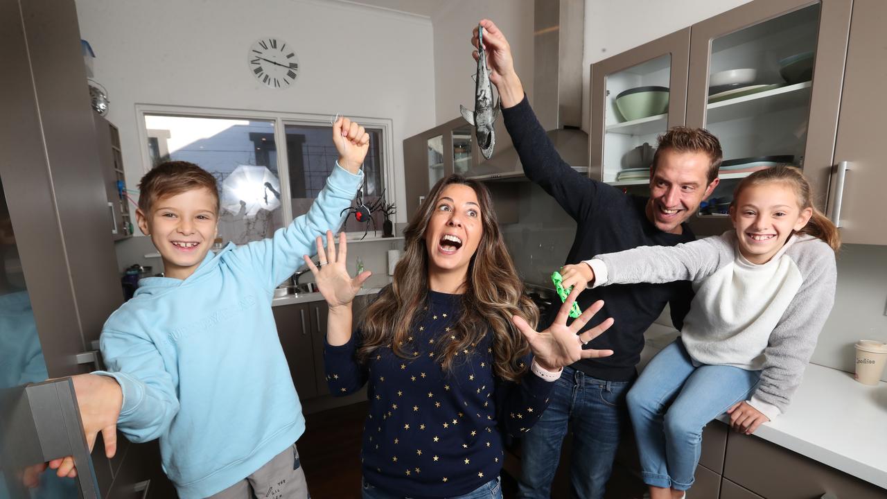 Mum-of-two Emily, husband David and their two kids Jake, 8, and Cassie, 10, like to keep the props handy for their regular pranks at home. Picture: Alex Coppel.