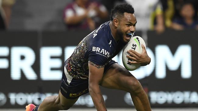 Hamiso Tabuai-Fidow scored the Cowboys’ final try to set up a thrilling finish. Picture: Ian Hitchcock/Getty Images