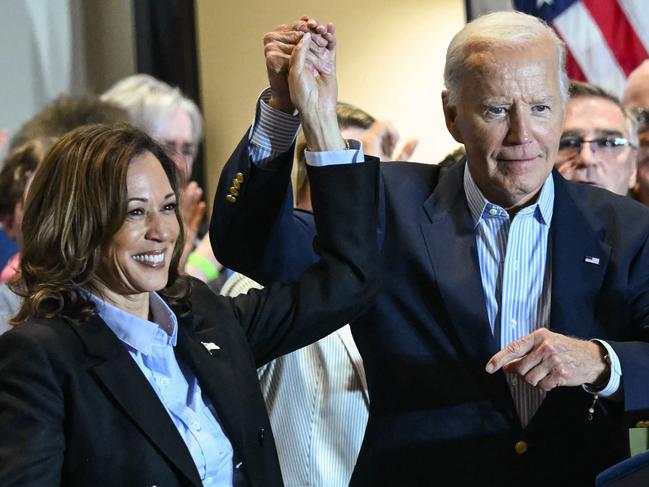 US President Joe Biden and US Vice President and Democratic presidential candidate Kamala Harris hold a campaign rally at the International Brotherhood of Electrical Workers (IBEW) Local 5 in Pittsburgh, Pennsylvania. Picture: AFP