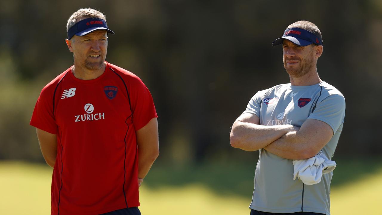 Fitness boss Darren Burgess (left), with Simon Goodwin before the Grand Final, has left Melbourne to join Adelaide. (Photo by Michael Willson/AFL Photos via Getty Images)