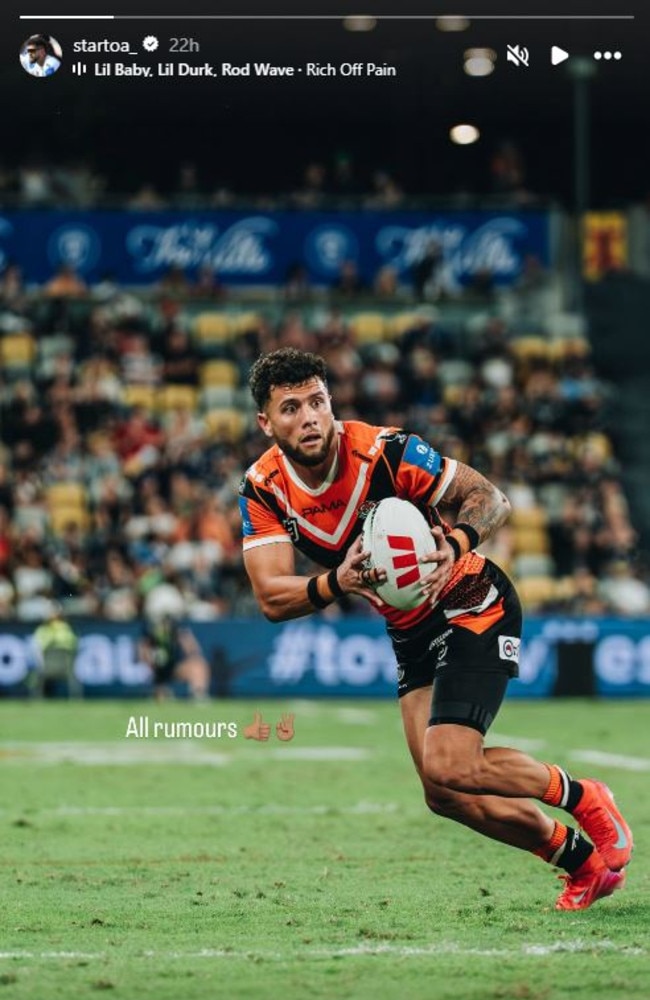Tigers star Starford Toa shut down speculation around his future. Picture: Instagram