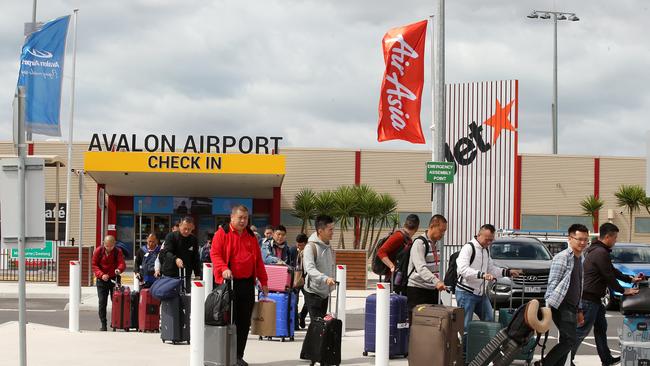 Asian tourists arrive at Avalon International Airport via Air Asia. Picture: Alison Wynd