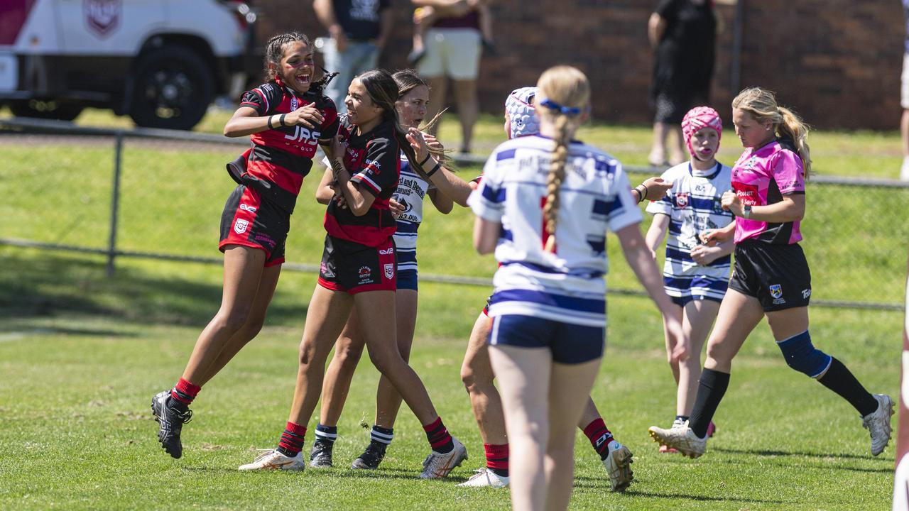 Valleys celebrate a try by Sedeequa Clevin (left) against Brothers in U15 girls Toowoomba Junior Rugby League grand final at Toowoomba Sports Ground, Saturday, September 7, 2024. Picture: Kevin Farmer