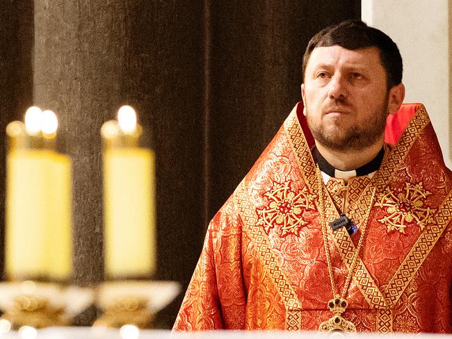 MELBOURNE, MARCH 2, 2022: Ukrainian Bishop Mykola Bychok attend mass at St Patrick's Cathedral. Picture: Mark Stewart