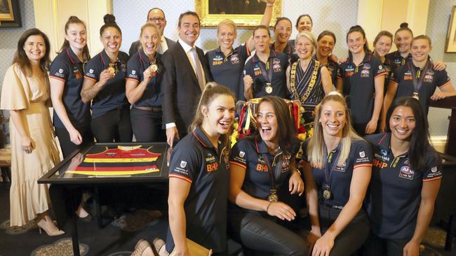 CELEBRATION: Premier Steven Marshall and Lord Mayor Sandy Verschoor hosted the Crows AFLW team. Picture Dean Martin